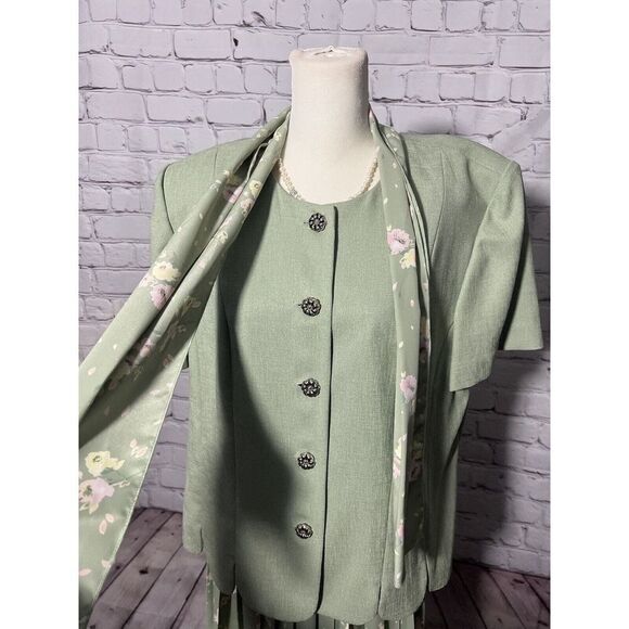 Leslie Fay Vintage 3 Pc Skirt Blazer Scarf Green - Picture 3 of 16